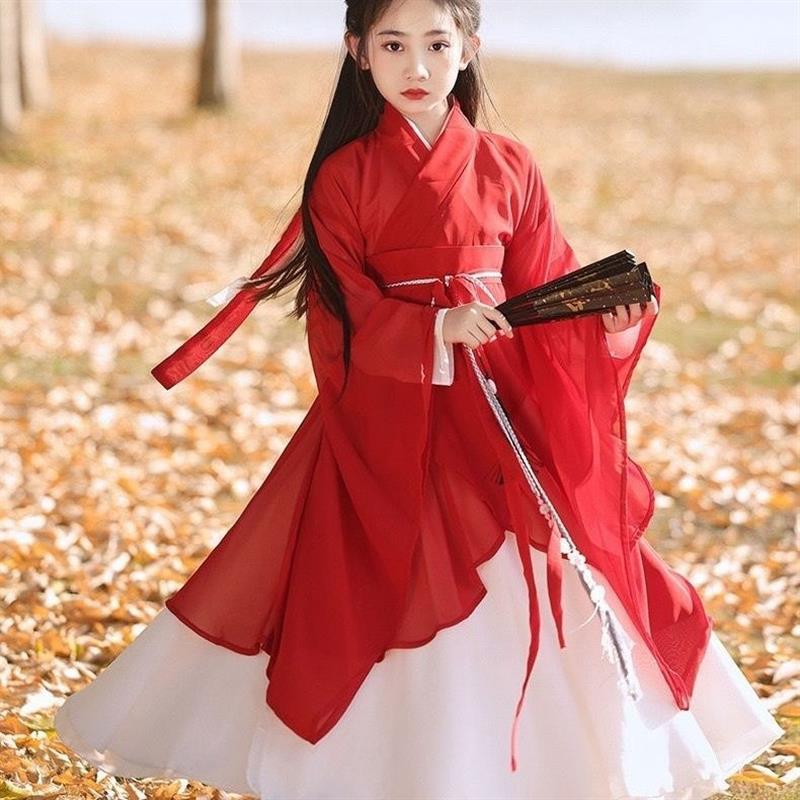 红色汉服女童2024新款春秋魏晋风古装复原款儿童大袖衫交领仙女裙