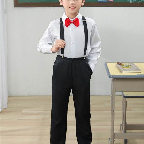 采购产品儿童表演服装男孩礼服套装主持人花童套装白色棉质衬衫黑