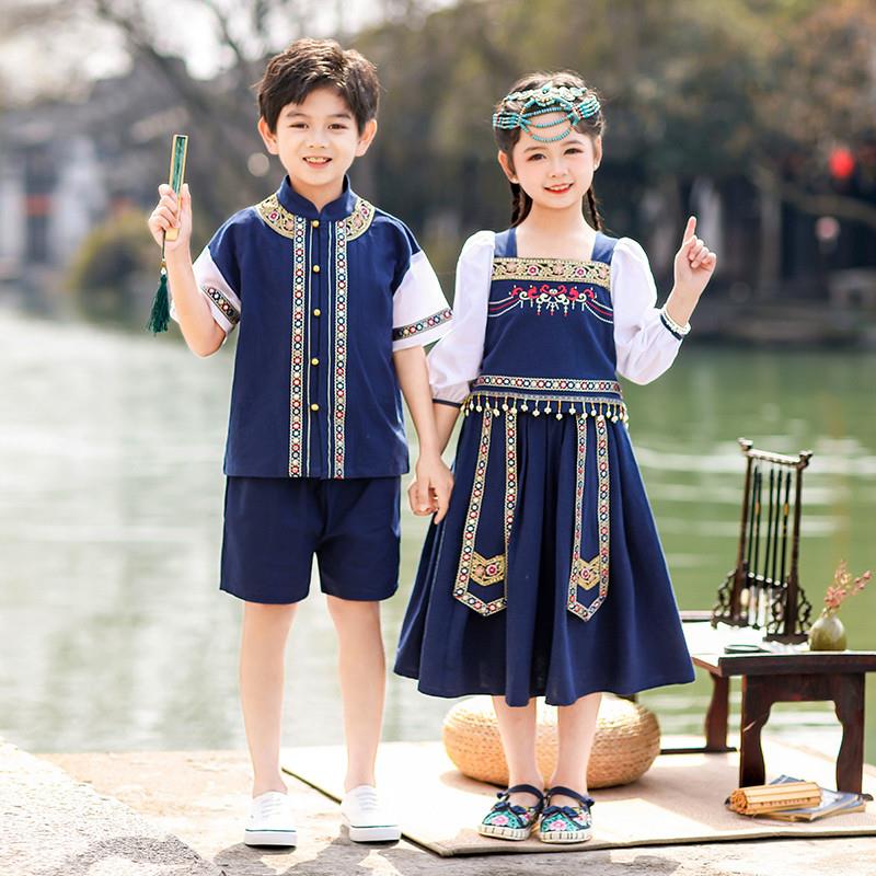 三月三民族儿童服装广西壮族傣族哈尼族苗族彝族舞蹈服男女合唱服