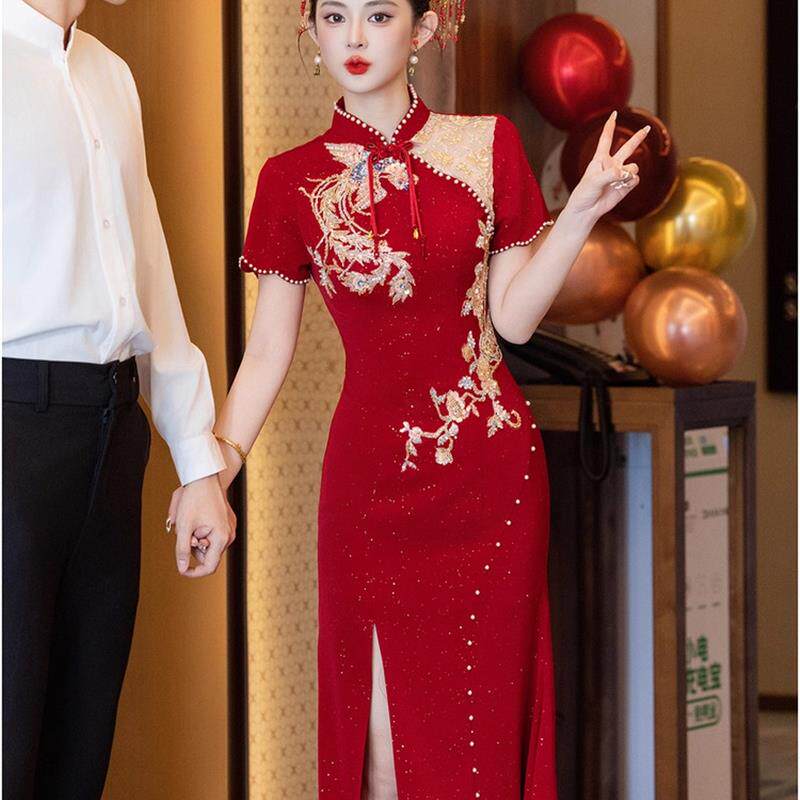 新中式改良旗袍订婚回门礼服裙2025新款鱼尾晨袍新娘红色敬酒服女