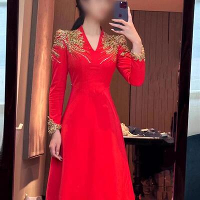红裙女式端庄秋冬长袖声乐艺术考试音乐学生独奏演出服装高雅