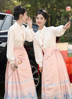 中式旗袍伴娘服女2026新款春夏小众高级姐妹团汉服粉色马面裙套装