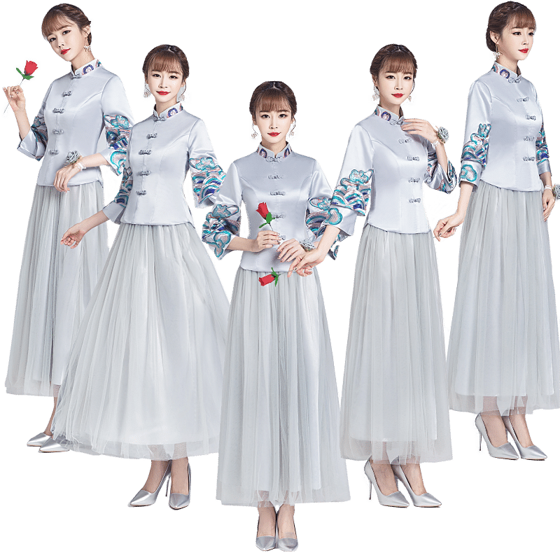 中式立领粉色结婚姐妹裙伴娘团春