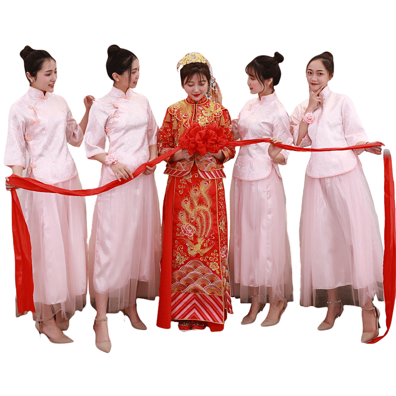中式粉色姐妹裙复古风长款伴娘团