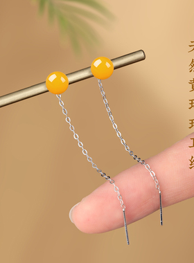 999纯银天然黄玛瑙耳线女2025年新款潮简约气质黄色长款耳钉耳饰