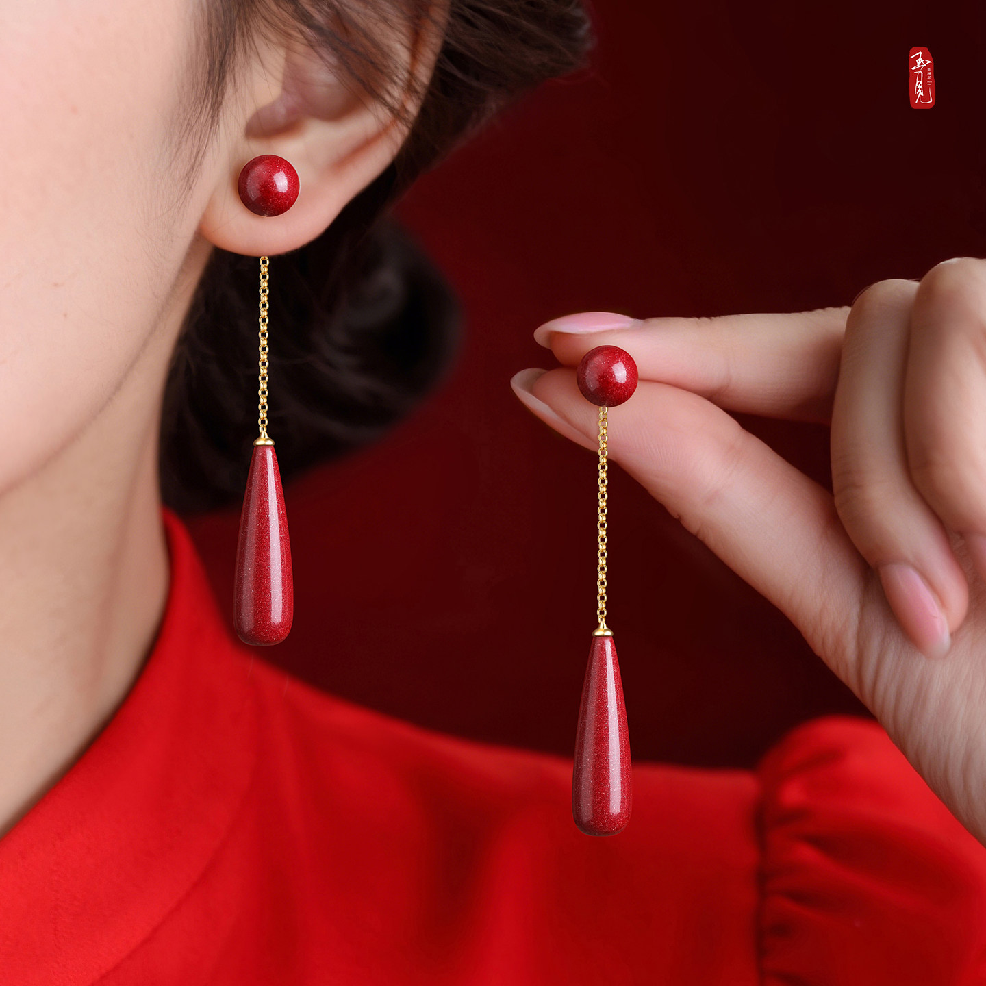 999纯银朱砂水滴耳环女2026新款爆款轻奢高级感耳饰流苏长款耳坠