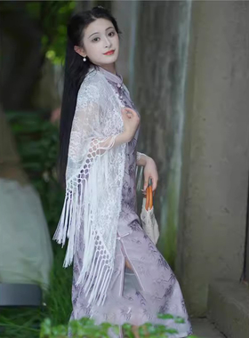 清冷感古风蕾丝披肩搭配旗袍