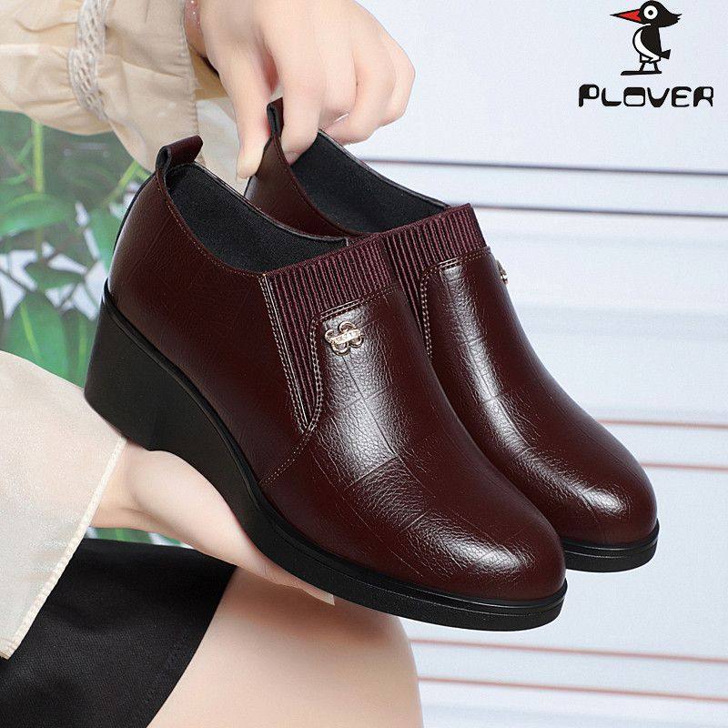 PLOVER真皮百搭洋气坡跟深口单鞋防滑舒适百搭软底复古港风皮鞋女