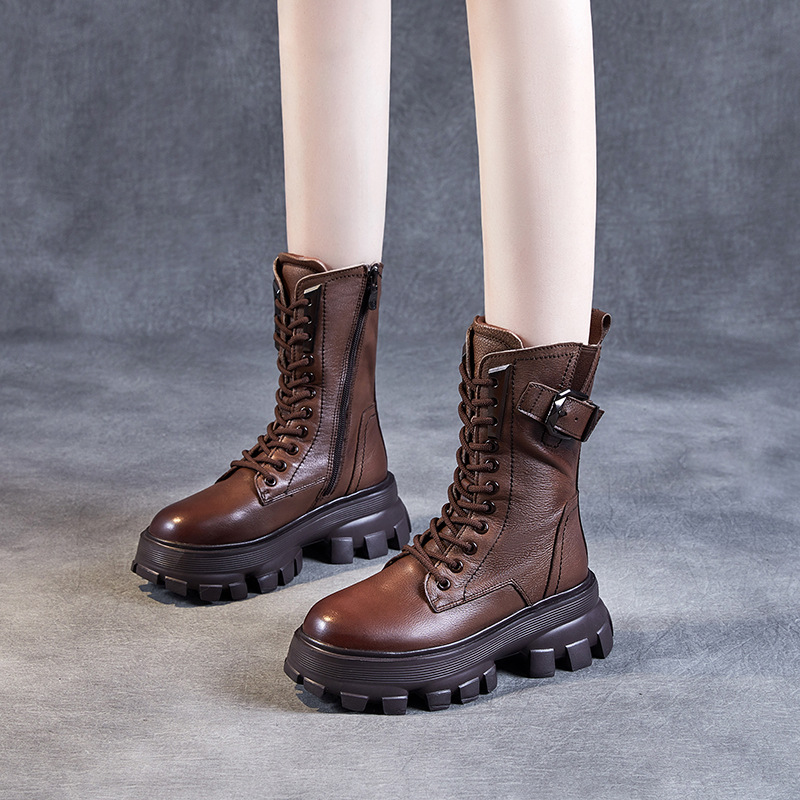 头层牛皮小鞋匠手工真皮2025秋冬女休闲厚底松糕鞋防滑耐磨马丁靴