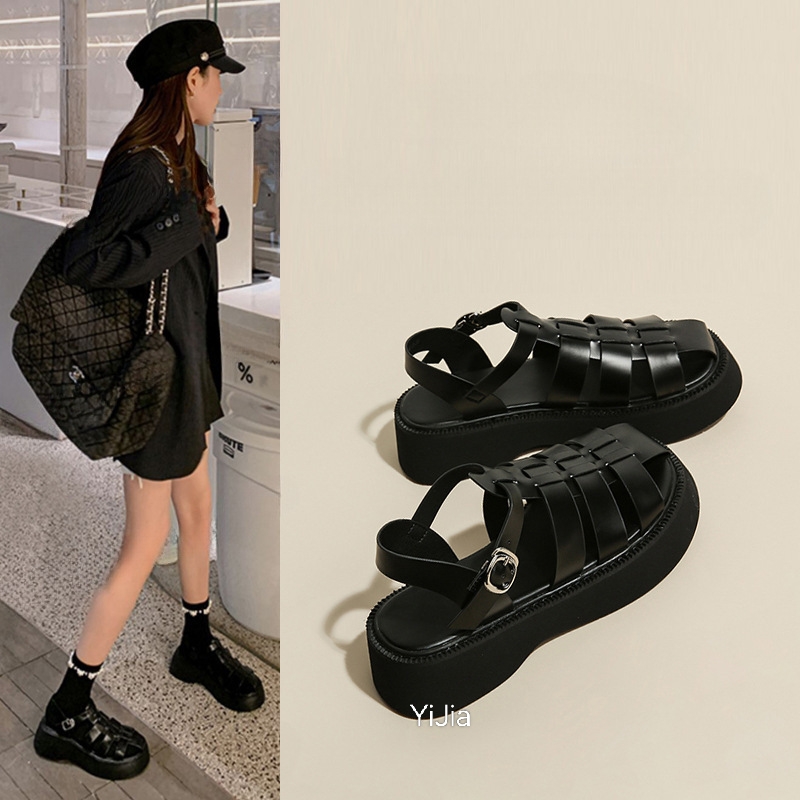 真皮包头罗马凉鞋女2025夏季新款松糕厚底编织猪笼鞋百搭沙滩鞋