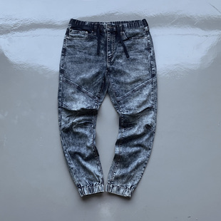 美式休闲重工洗水做旧扎染修身立体剪裁jogger pants束脚牛仔裤男