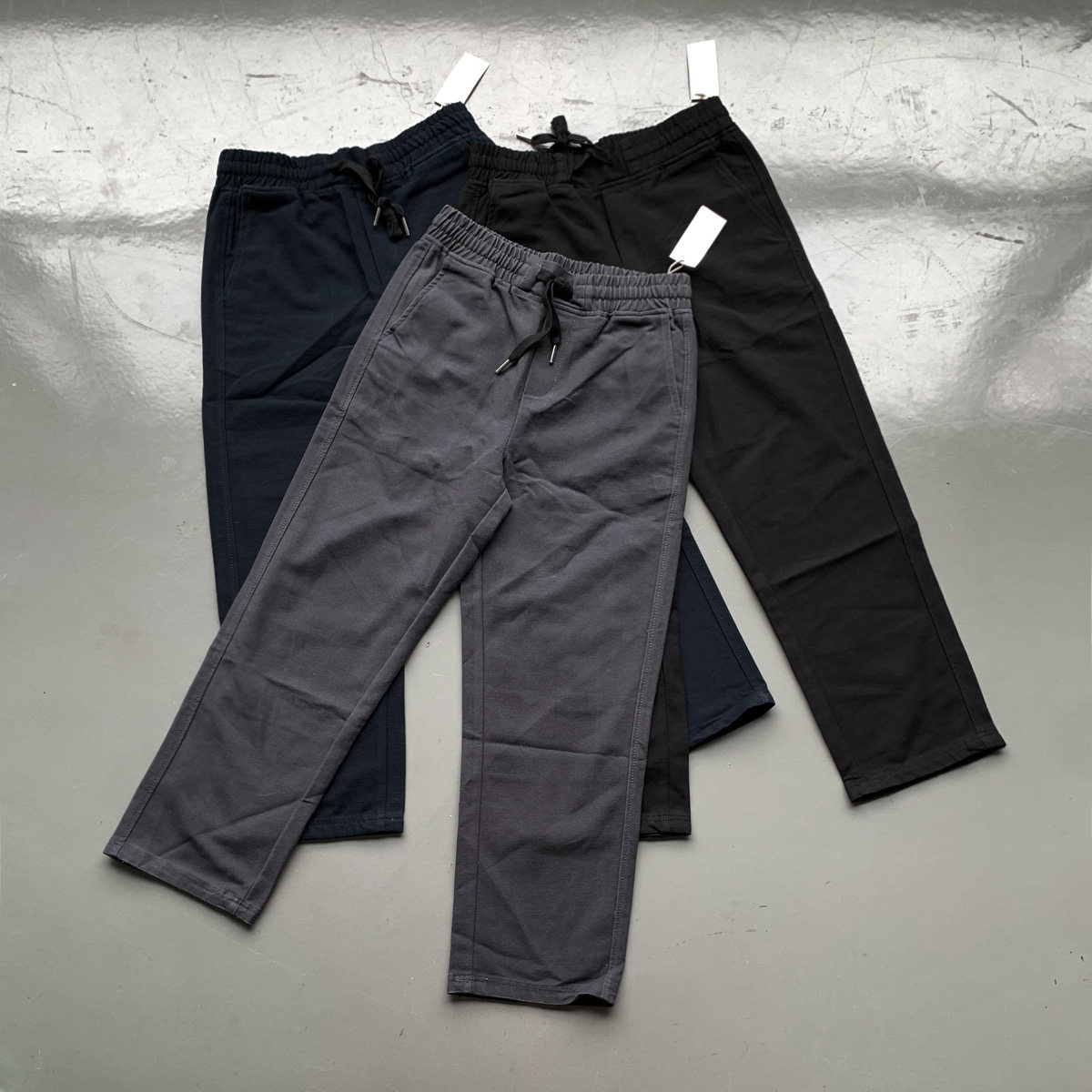 欧单重磅珠地帆布洗水宽松松紧腰直筒弹力休闲长裤男