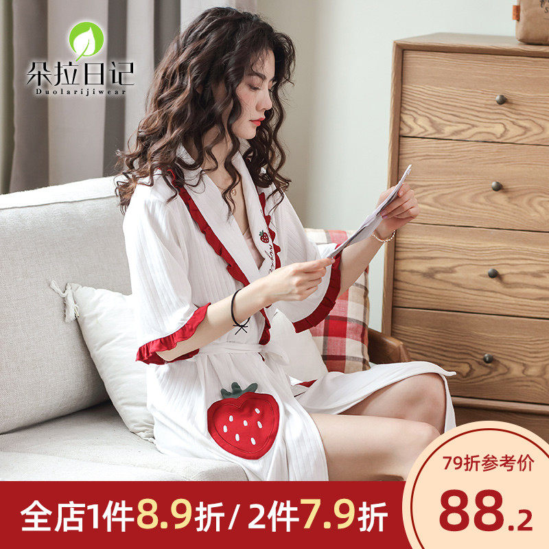 睡袍女夏季纯棉薄款系带可爱浴袍短袖长款日式性感浴衣晨袍单睡衣