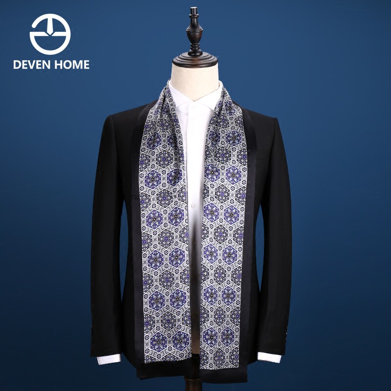 男士真丝围巾韩版商务简约百搭中年青年桑蚕丝丝巾蓝色白色礼盒装