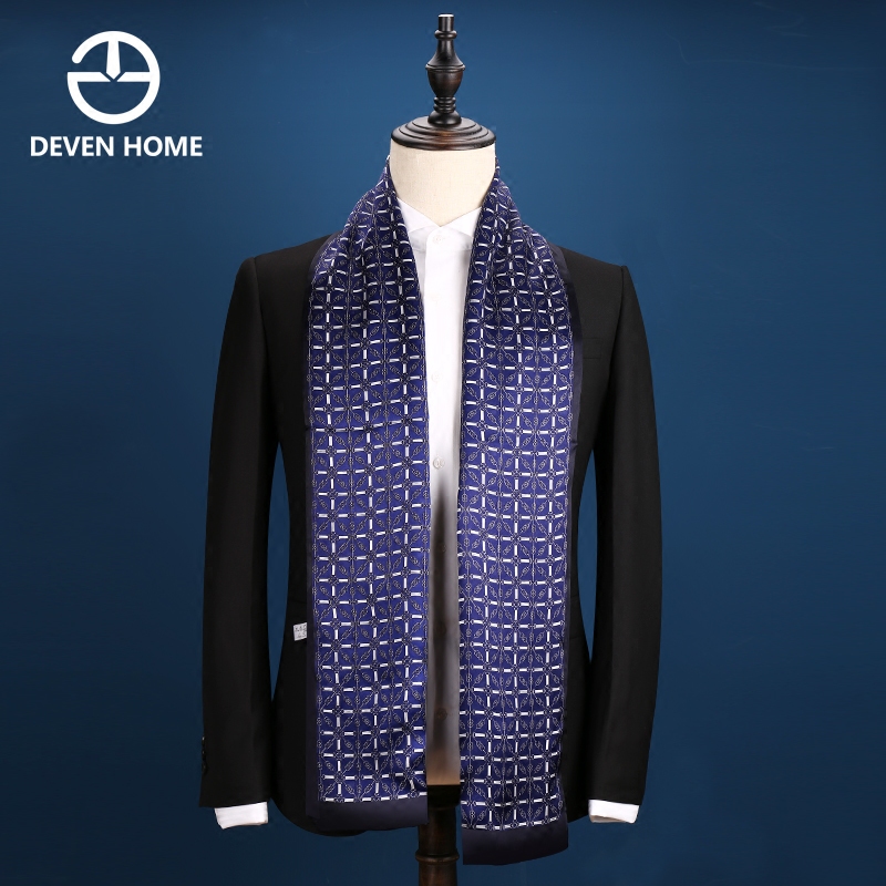 围巾男士真丝韩版简约百搭深蓝色桑蚕丝丝巾男商务礼盒装冬季