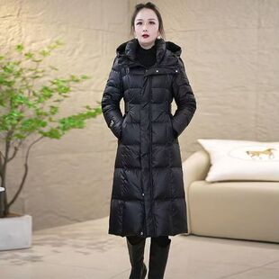 黑色长款高档羽绒服女2025爆款冬季时尚修身加厚保暖连帽鸭绒外套