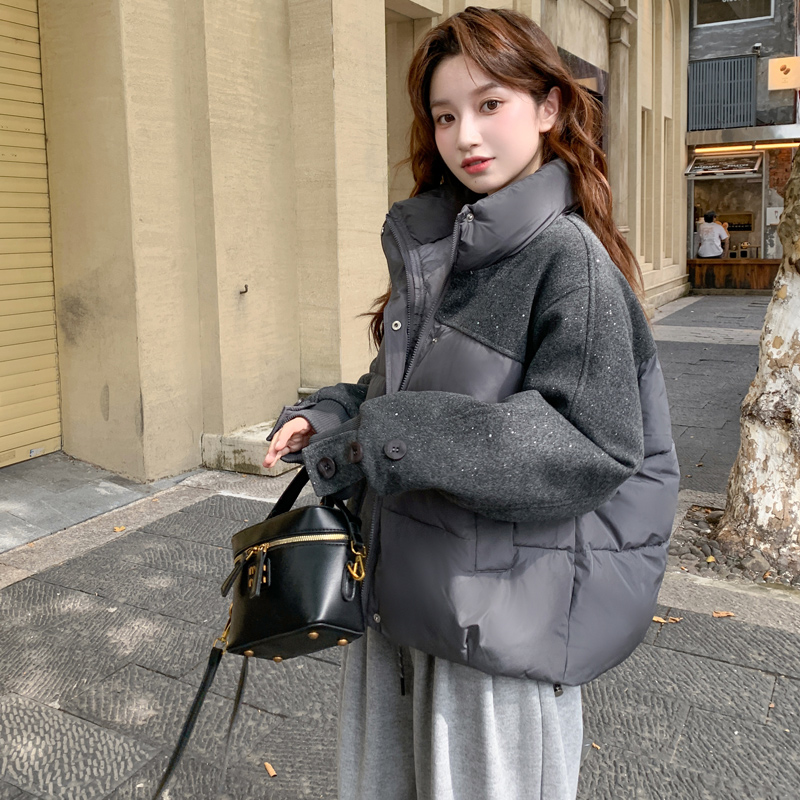 韩系亮晶晶拼接羽绒棉服外套女