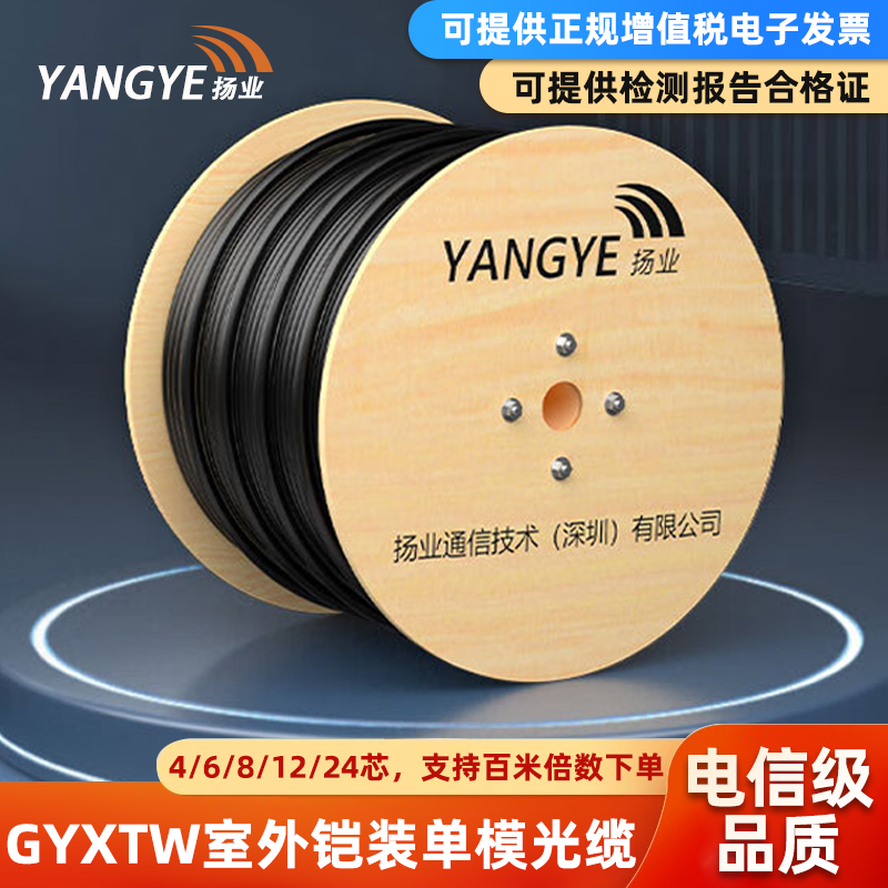 扬业YE-GYXTW-4B1单模室外铠装光缆4/6/8/12/24芯光纤中心束管式户外架空监控安防电信移动通信光纤线8.0线径