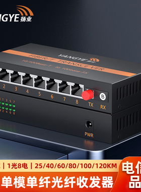 扬业 百兆单模单纤光纤收发器一光八电FC接口光电转换器网络传输延长器 YE-F108AB-25/40/60/80/100/120km-FC
