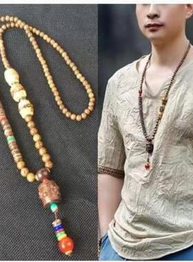 新中式国风复古民族风唐装毛衣链禅意菩提项链男女狼牙木珠鸡翅木