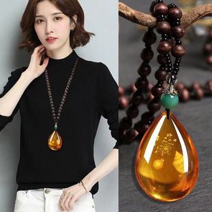 蜜蜡琥珀秋冬毛衣链长款项链木串珠女新中式国风唐装配饰挂件气质