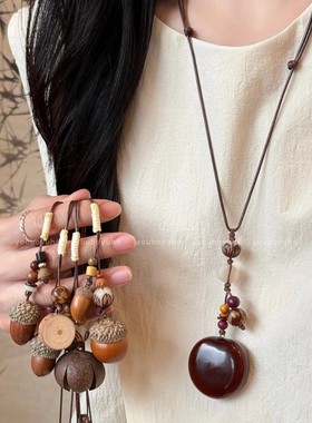 新中式国风长款橡果唐装旗袍汉服项链民族风挂件配饰个性时尚百搭