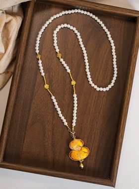 新中式国风复古汉服简约宋锦葫芦毛衣链项链旗袍配饰珍珠串珠挂件