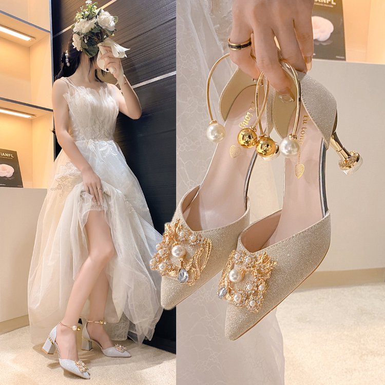 2024夏季新款女鞋粗跟橡胶细5CM香槟细7CM香槟一脚蹬粗