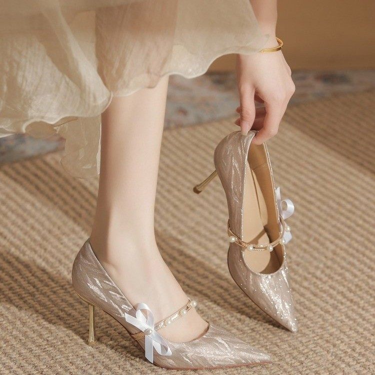 香槟色法式尖头婚鞋女鞋高跟新娘鞋款蝴蝶结闪粉不累脚优雅风单鞋,女鞋,婚鞋,淘宝优惠券,粉丝福利购,淘宝优惠卷
