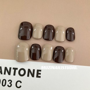 新款 美甲显白秋季 焦糖跳色手工定制美甲短款 可拆卸 MUZI穿戴甲