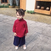 中国风盘扣斜襟套装 亚麻阔腿裤 子上衣儿童古装 春秋女童装 汉服唐装