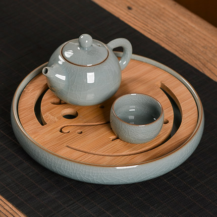 陶瓷圆形茶盘家用客厅竹面储蓄水干泡台功夫茶具青瓷简约茶台日式