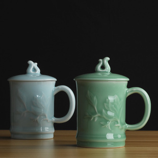 青瓷茶杯办公室带盖喝水杯送礼年会茶馆酒店专用复古水杯玉兰杯