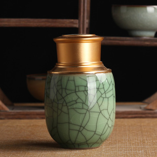 青瓷密封茶叶罐陶瓷小号不锈钢金属盖储茶罐药罐香粉盒牙粉罐