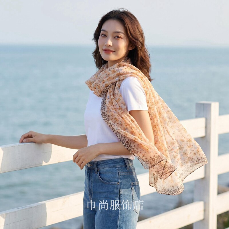 韩版乔其纱花卉防晒长条丝巾