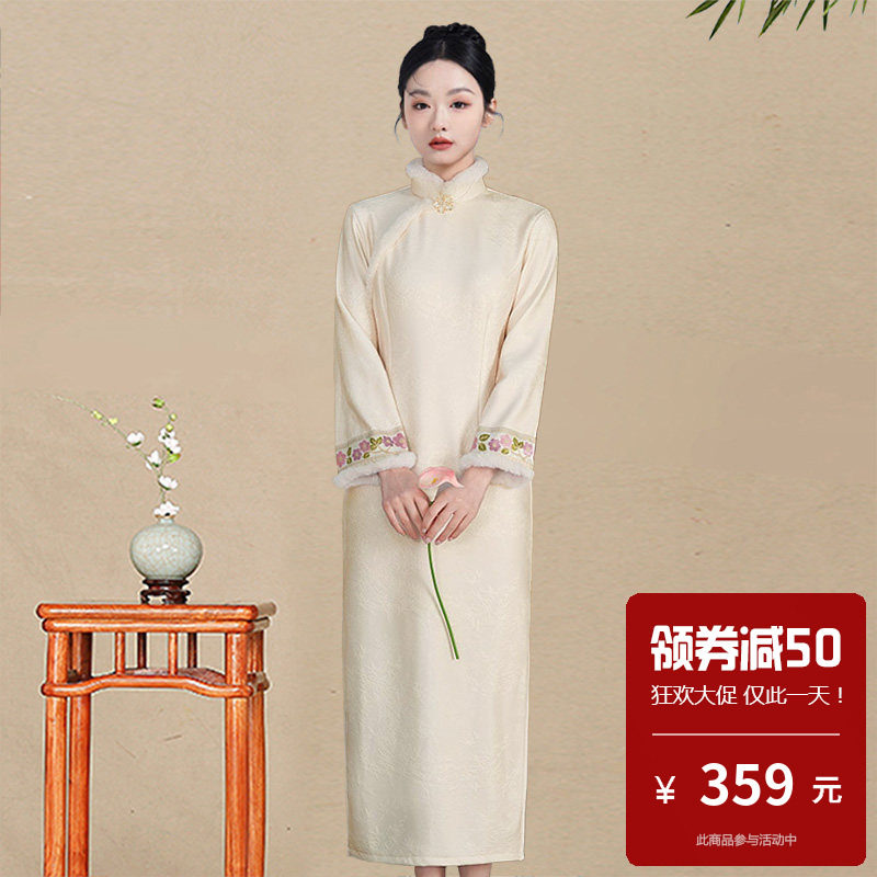 高档加绒加厚旗袍长款长袖现代女改良时尚年轻款秋冬高级感小个子