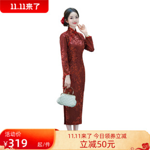 老上海民国复古海派新中式 连衣裙长袖 高级感 旗袍长款 植绒2025新款