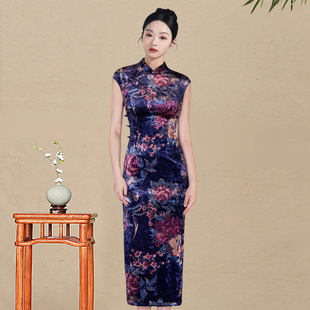 丝绒印花长款无袖港风旗袍复古港风高级感老上海滩高端传统港式秋
