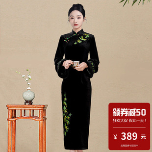 新中式复古风黑色丝绒长袖旗袍女加厚保暖显瘦气质连衣裙日常可穿