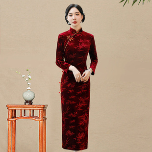 韩国绒旗袍长款长袖老上海滩改良连衣裙复古传统中国风2025新款春