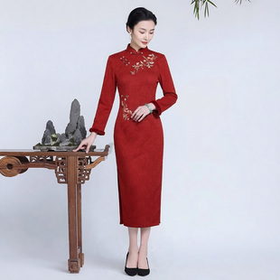 加绒加厚保暖旗袍中长款长袖冬天女小个子内搭连衣裙新中式改良版