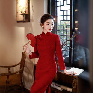 红色长款旗袍2025年新中式绝美年轻加绒加厚长袖冬季回娘家连衣裙