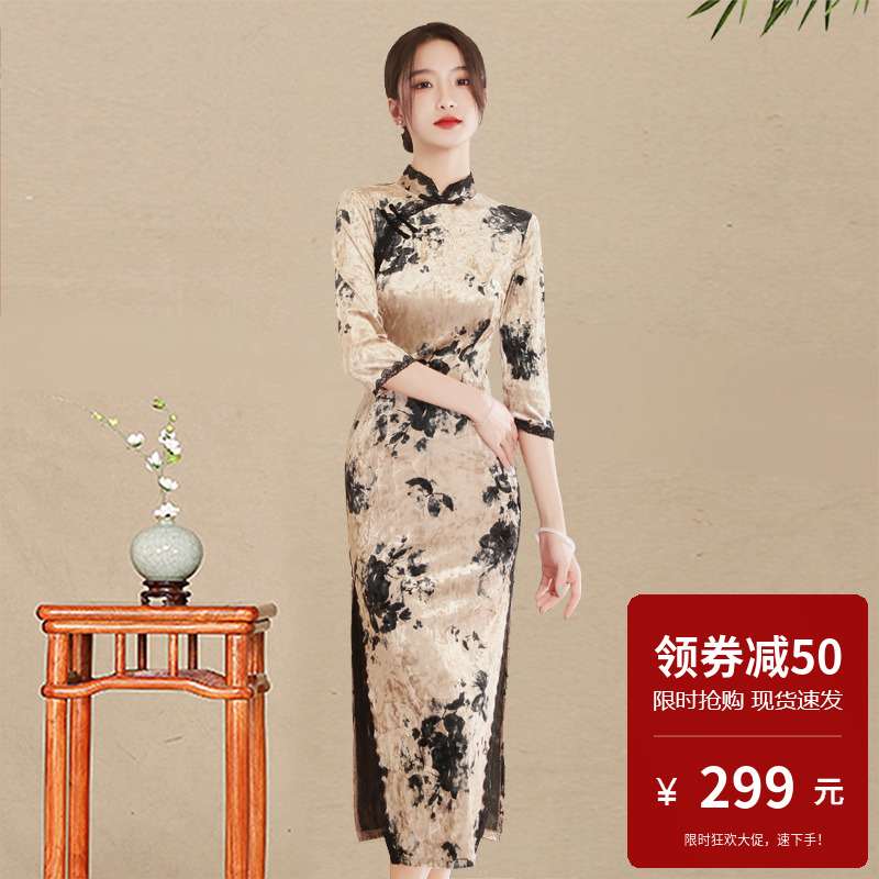 丝绒复古旗袍高级感胖妹妹上海滩港式情结情节简约大气款式连衣裙