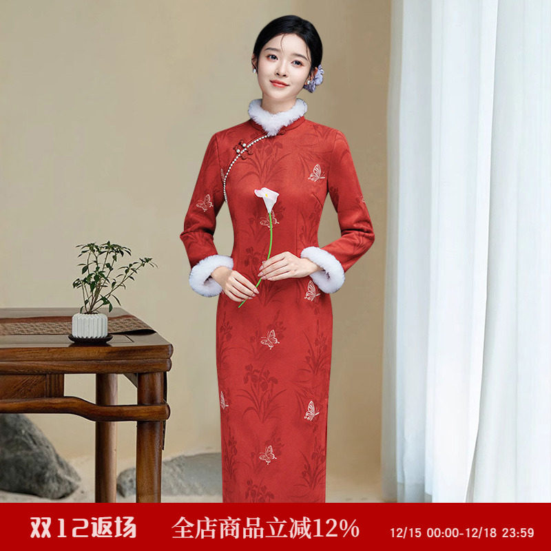红色加绒加厚新中式长袖旗袍