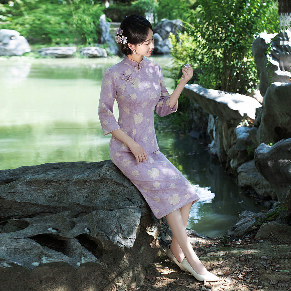 麂皮绒新中式复古风旗袍裙女中长款七分袖花色斜襟日常气质连衣裙,女装/女士精品,旗袍,淘宝优惠券,粉丝福利购,淘宝优惠卷