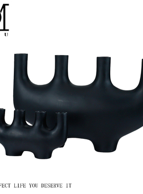 几何树脂黑色烛台花瓶软装饰品