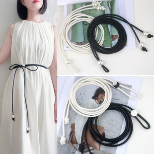 打结珍珠细腰绳百搭配裙子衬衫腰带女款可调节花朵配饰超长腰绳潮