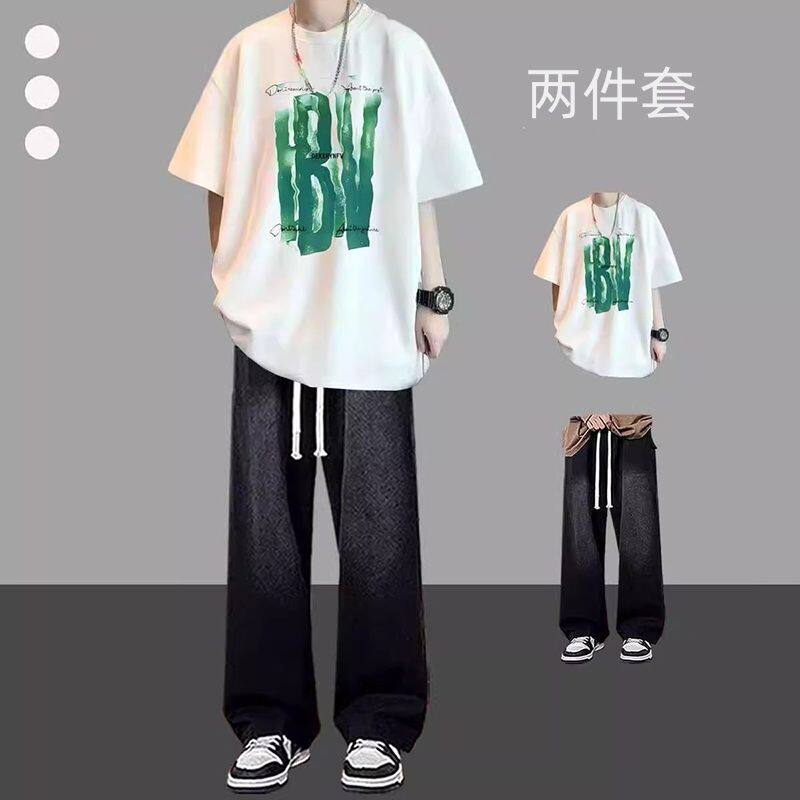 男T恤休闲运动套装男士搭配牛仔裤裤不起球夏季短袖纯棉个性印花