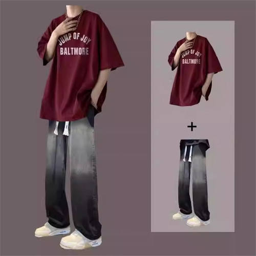 休闲运动套装夏季纯棉T恤搭配牛仔裤男直筒时尚印花网红夏季帅气