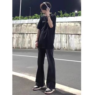 黑色微喇牛仔裤男款修身高街ulzzang裤子秋季穿搭美式复古直筒裤